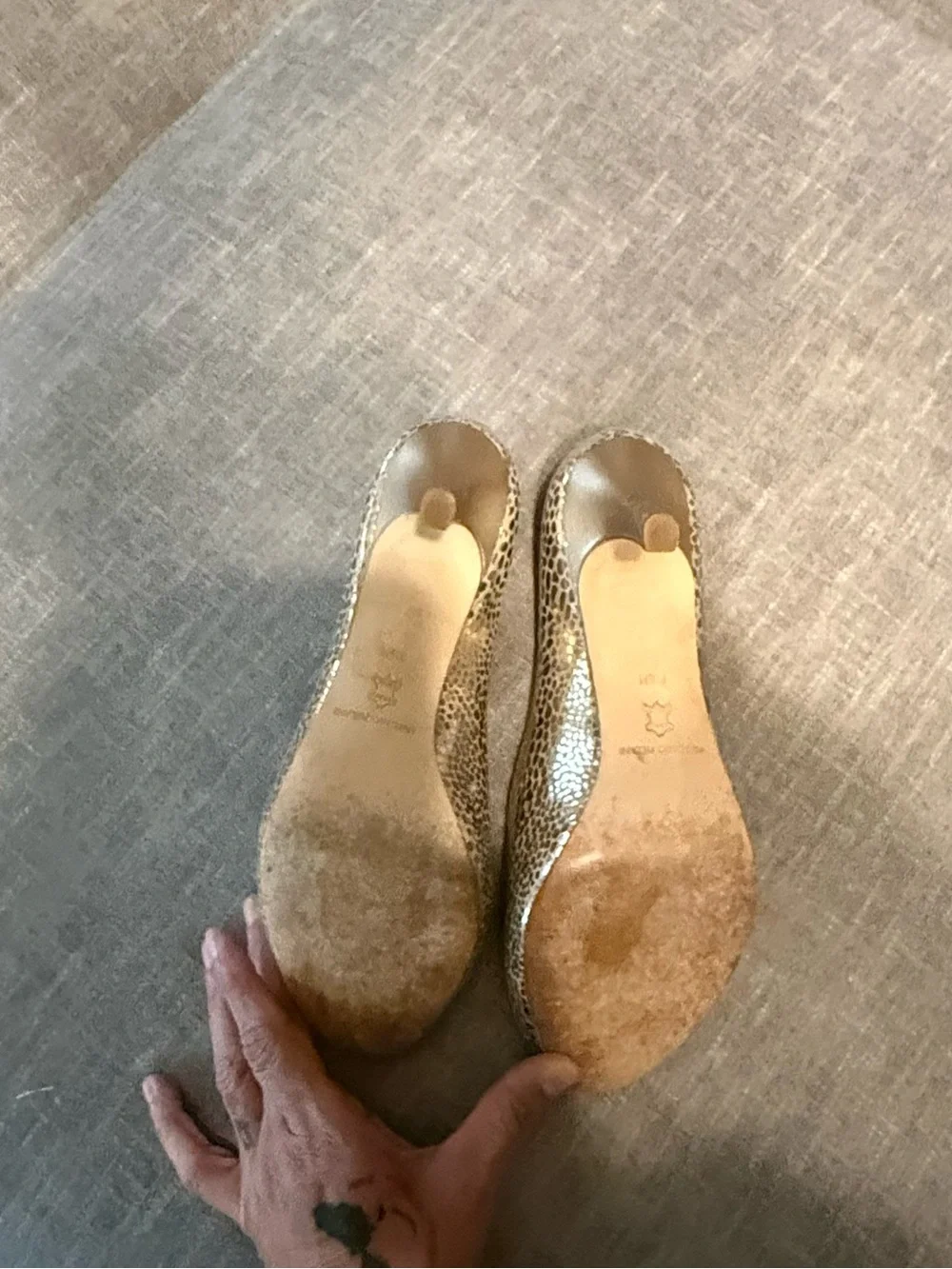 ANTONIO MELANI Metallic Gold Peep-Toe Heels