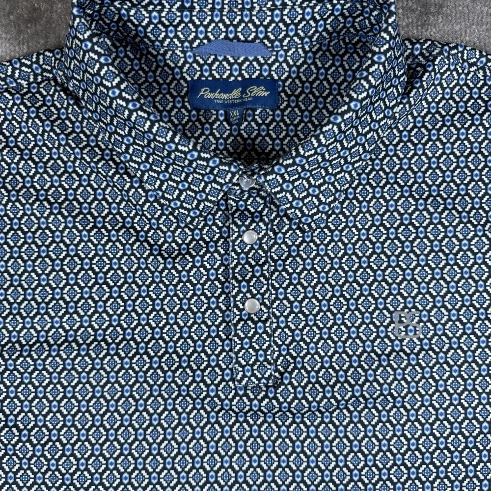 Panhandle Slim Polo Shirt Men's XXL Blue Geometric Short Sleeve Performance Golf