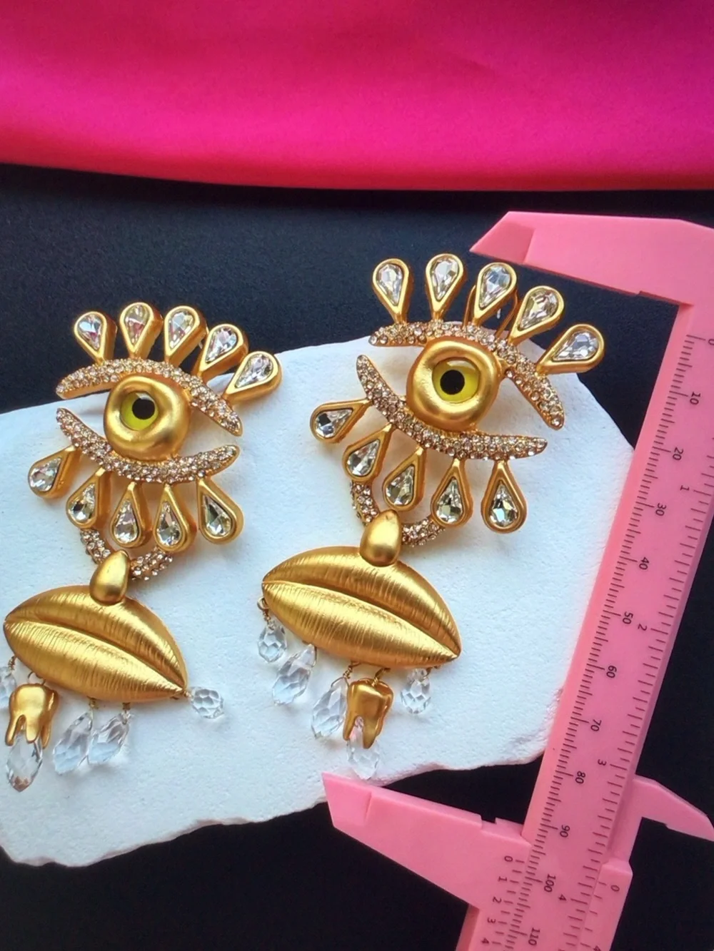 Schiaparelli Gold Eye & Lip Drop Earrings with Clear Crystal Accents