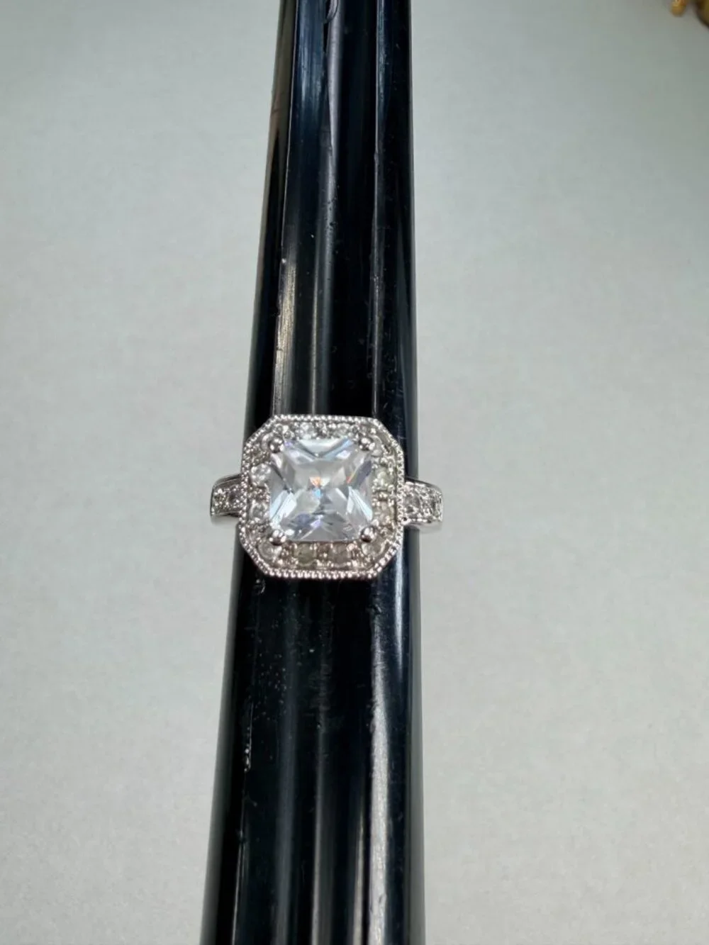 Princess Cut Halo CZ Engagement Style Ring Silver Tone Size 7 Sparkling
