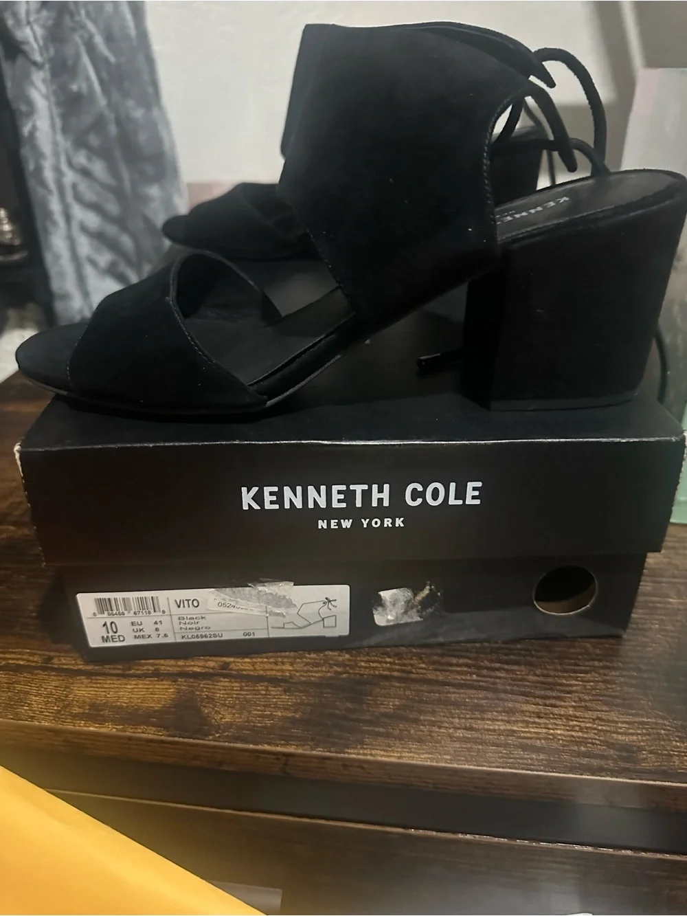 Kenneth Cole Black Suede Ankle-Strap Open-Toe Heels