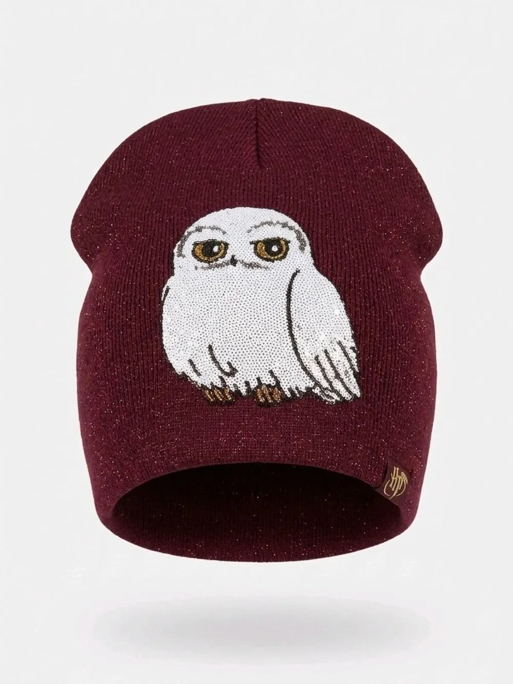 H&M Burgundy Knit Beanie with White Sequin Owl