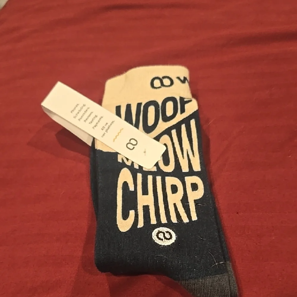 ❤️10/$40 New Novelty 'Woof Meow Chirp'  Crew Socks - Black & Cream