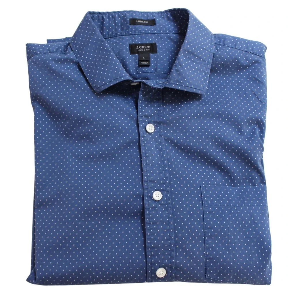 J.Crew Ludlow Mens Large Blue Shirt White Polka Dot 120s 2-Ply Cotton 07124‎