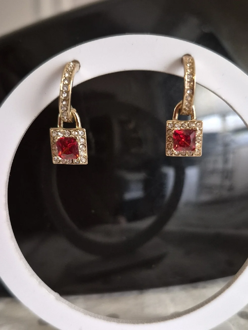 Gold-tone huggie hoops square-cut red stone Halo Pave Crystal Earrings