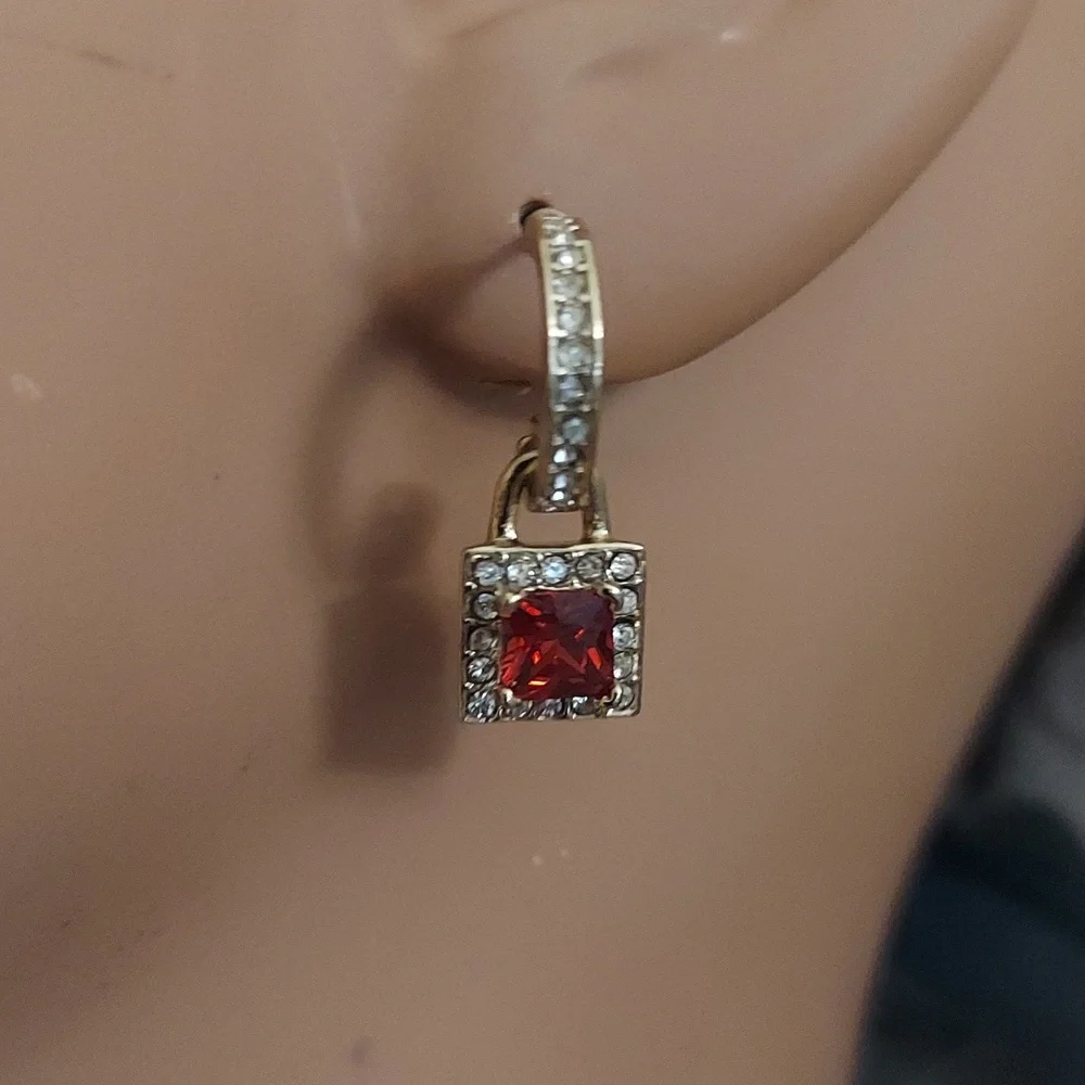 Gold-tone huggie hoops square-cut red stone Halo Pave Crystal Earrings