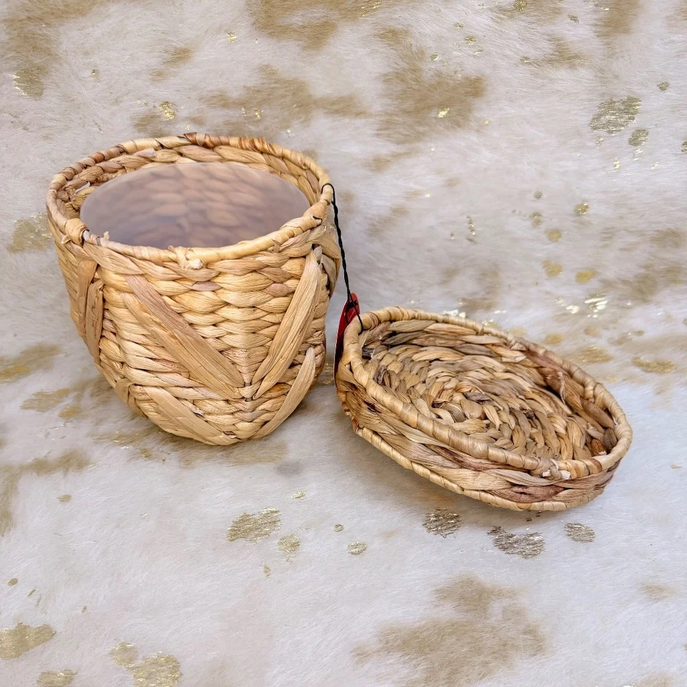 Woven Lidded Storage Basket‎ Beige Wicker With Plastic Container 8x6.75