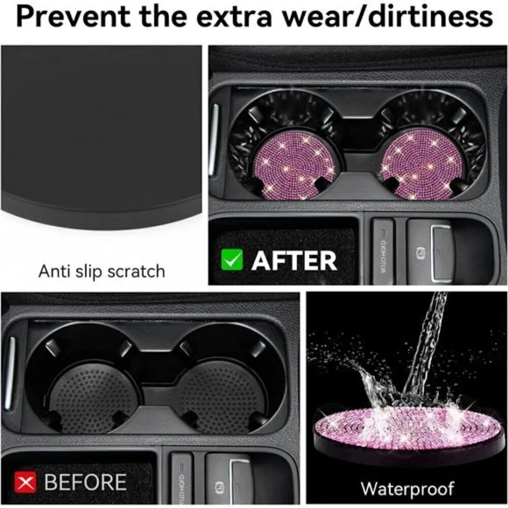 Car Cup Coasters Pink Bling 2-Pack Universal Non-Slip Cup Vehicle Diamond