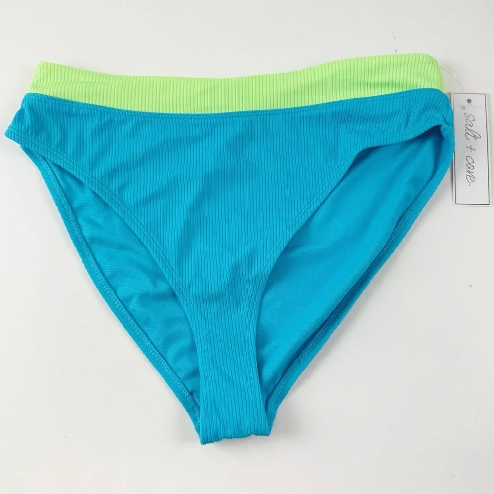 Salt + Cove Bikini Bottom Juniors Size Large Blue Green Ribbed Swim NWT