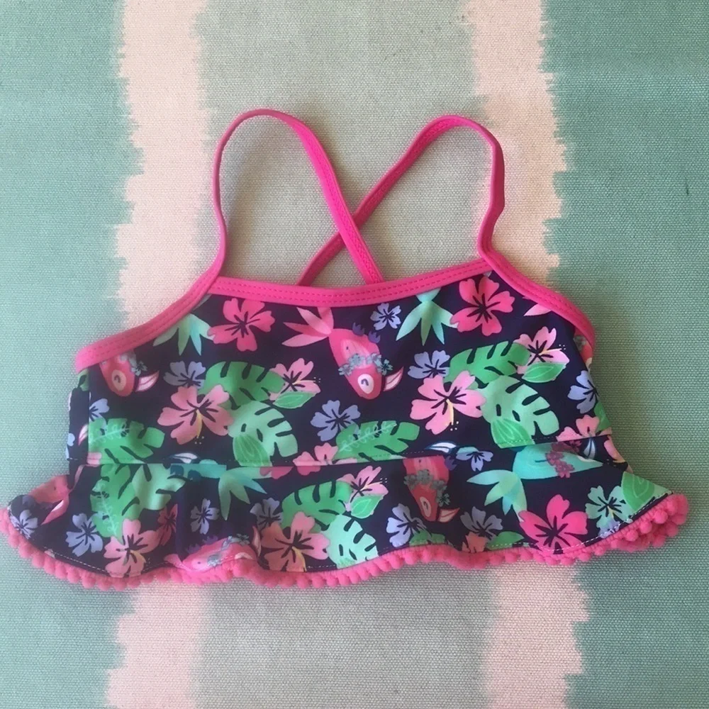 Viv & Lou Floral Ruffle Bikini Swimsuit Pom Pom Trim Small