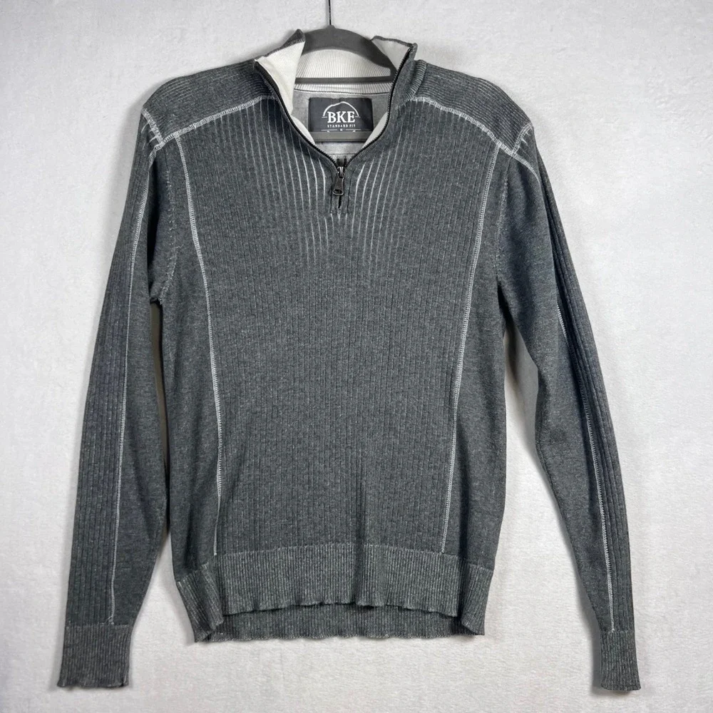 BKE Mens Quarter Zip Sweater Charcoal Gray Ribbed Cotton‎ Standard Fit Medium