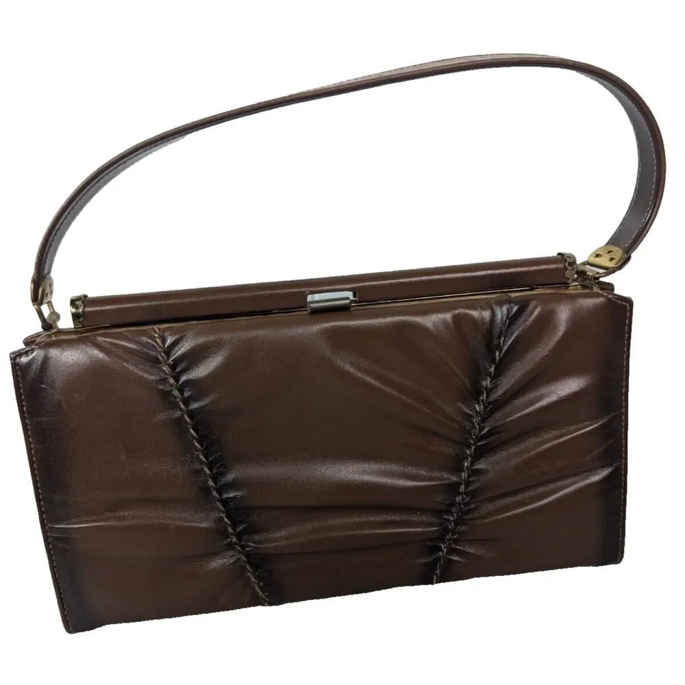 Vintage Mar-Shel Handbag Brown Leather Textured‎ Gold Toned Hardware Clasp