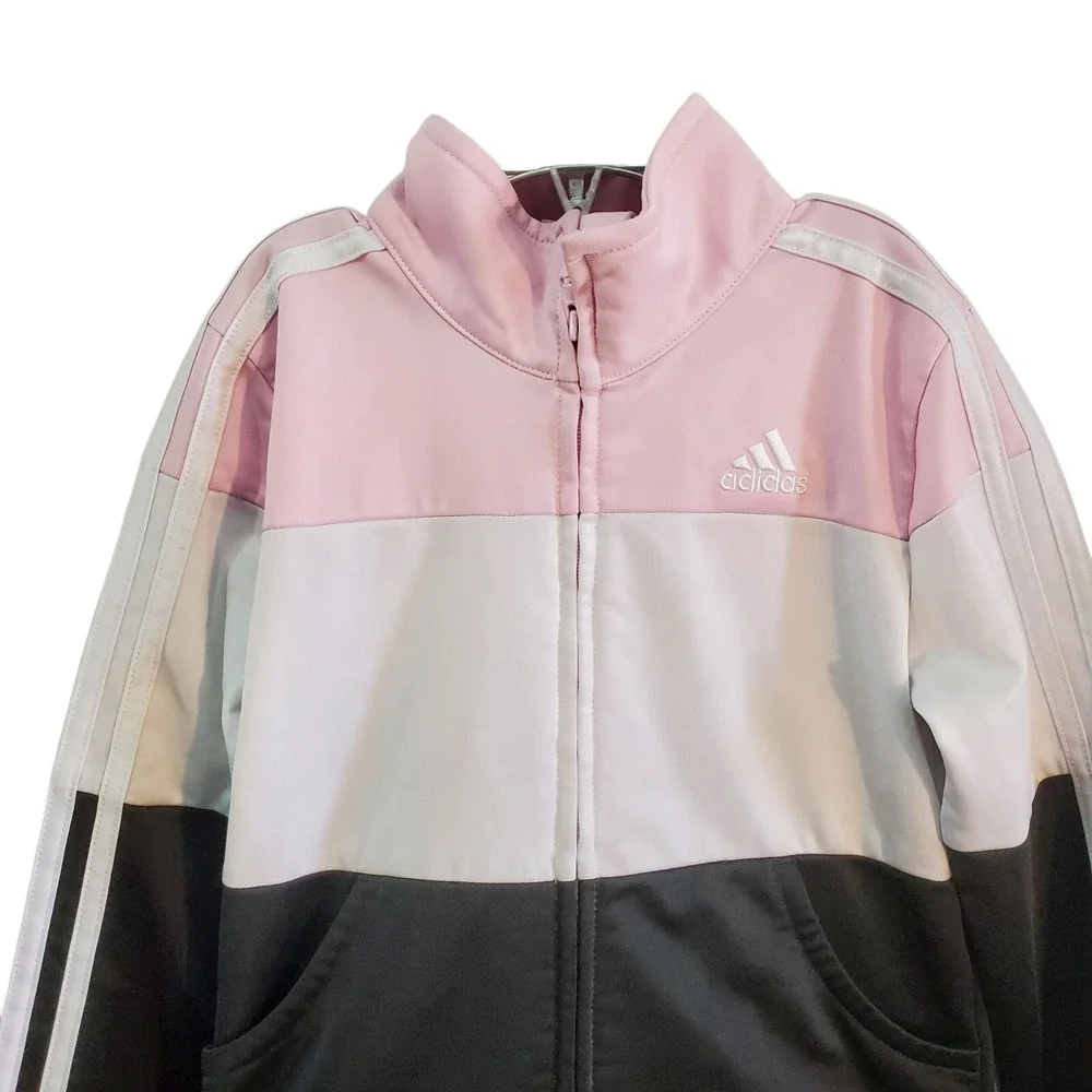 Adidas Girl's Track Jacket Full Zip Color Block‎ Pink White Black Stripes Size 6