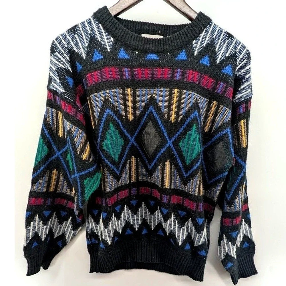 Vintage‎ 80s 90s Graphic Knit Sweater Leather Applique Grandpacore Coogi Style M