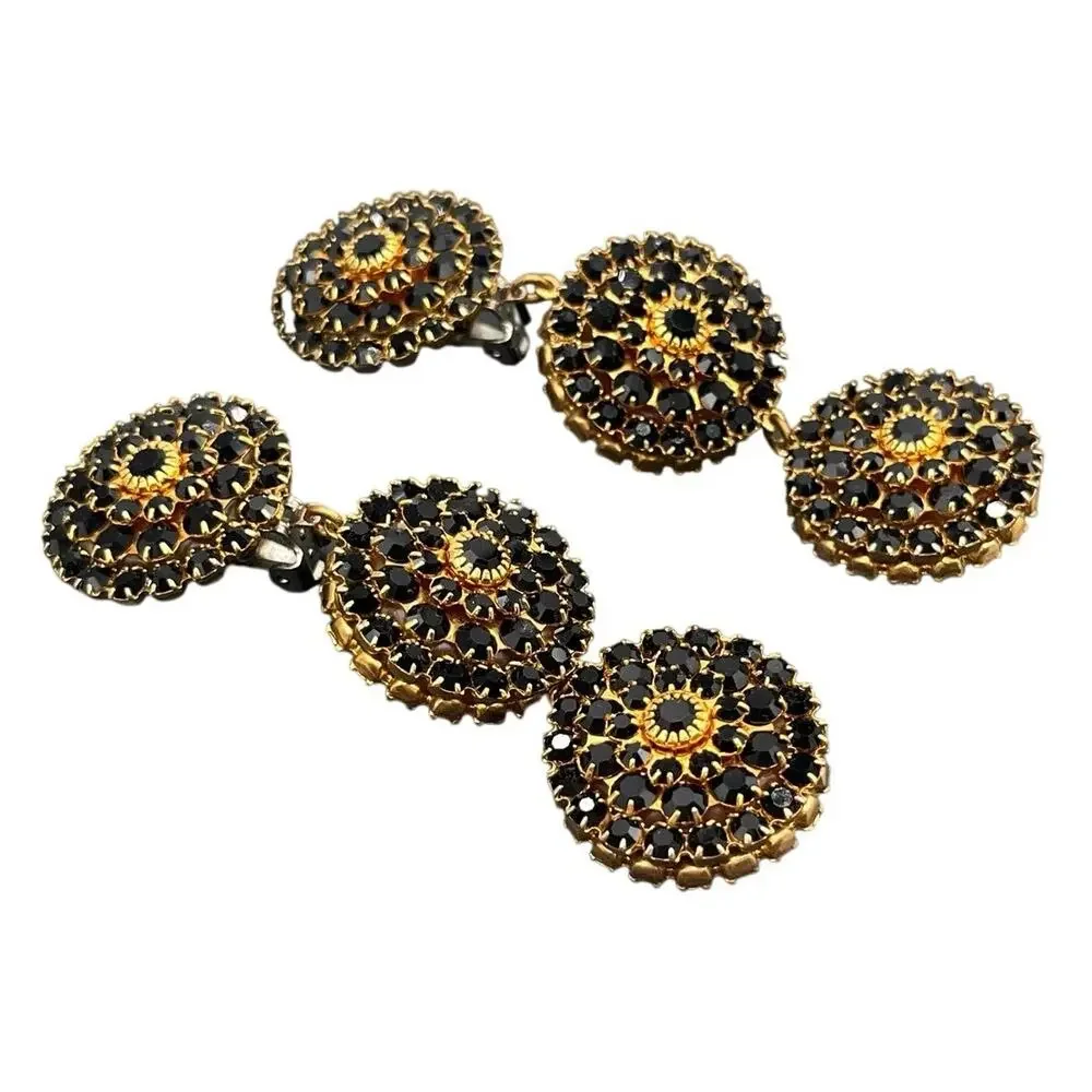 Mistar Bijoux Deadstock 3D Puff‎ Three Drop Dangle Crystal Gold Clip on Earrings