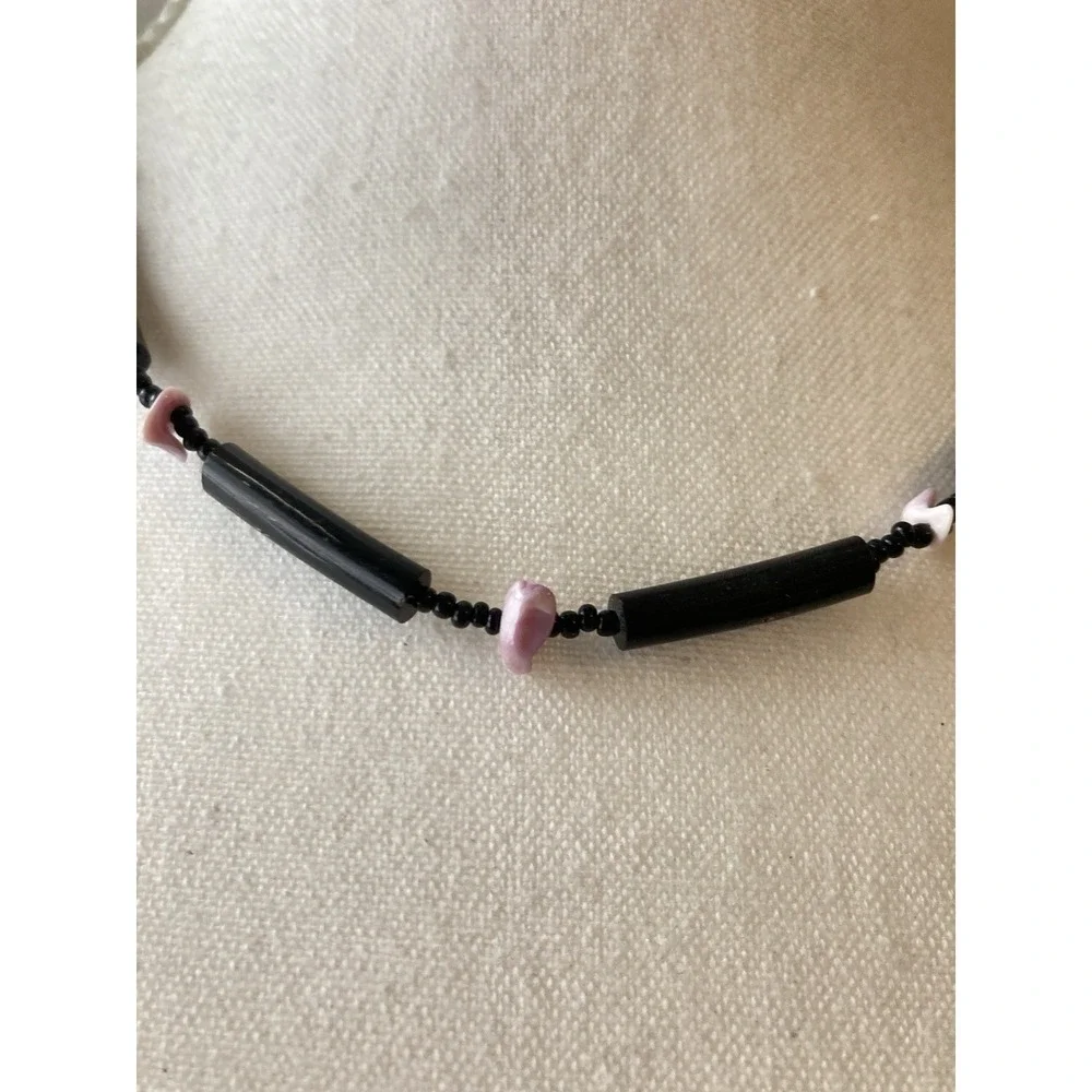Vintage Black Beaded‎ Choker Necklace Pink Shell Chip Accent Dark Romantic