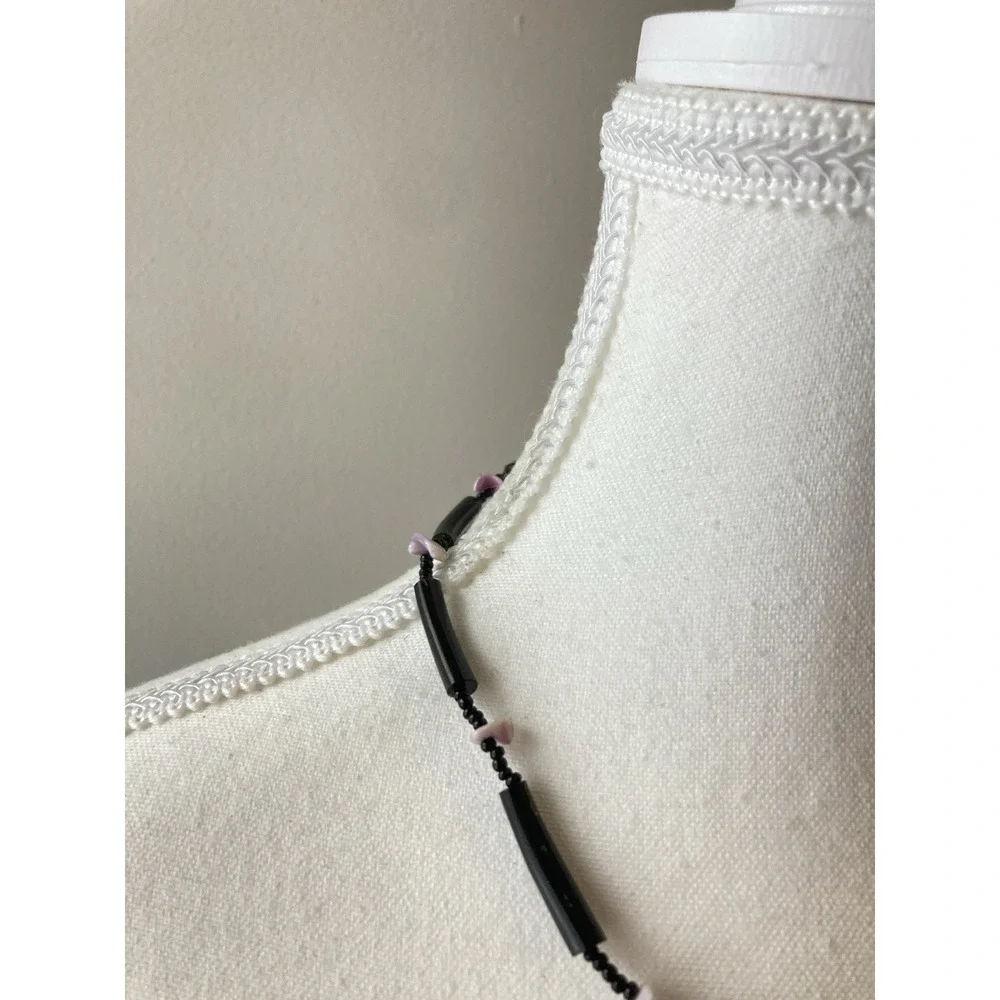 Vintage Black Beaded‎ Choker Necklace Pink Shell Chip Accent Dark Romantic