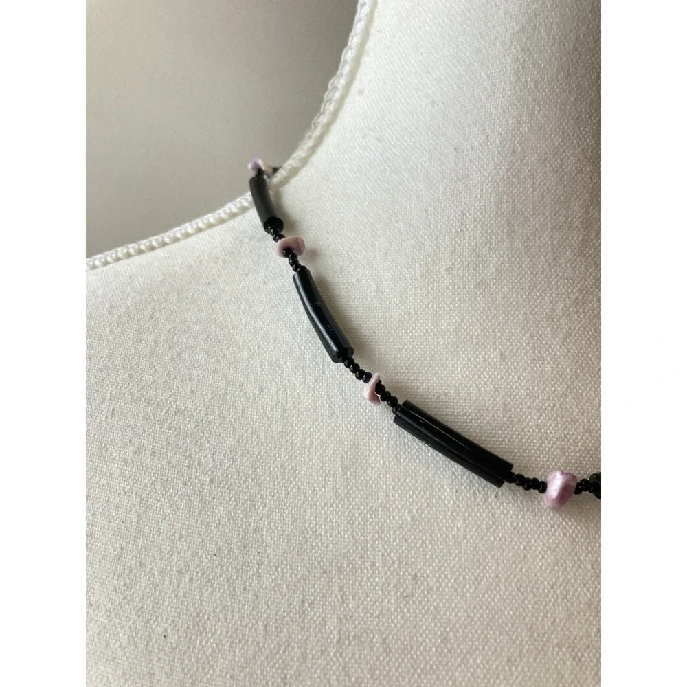 Vintage Black Beaded‎ Choker Necklace Pink Shell Chip Accent Dark Romantic