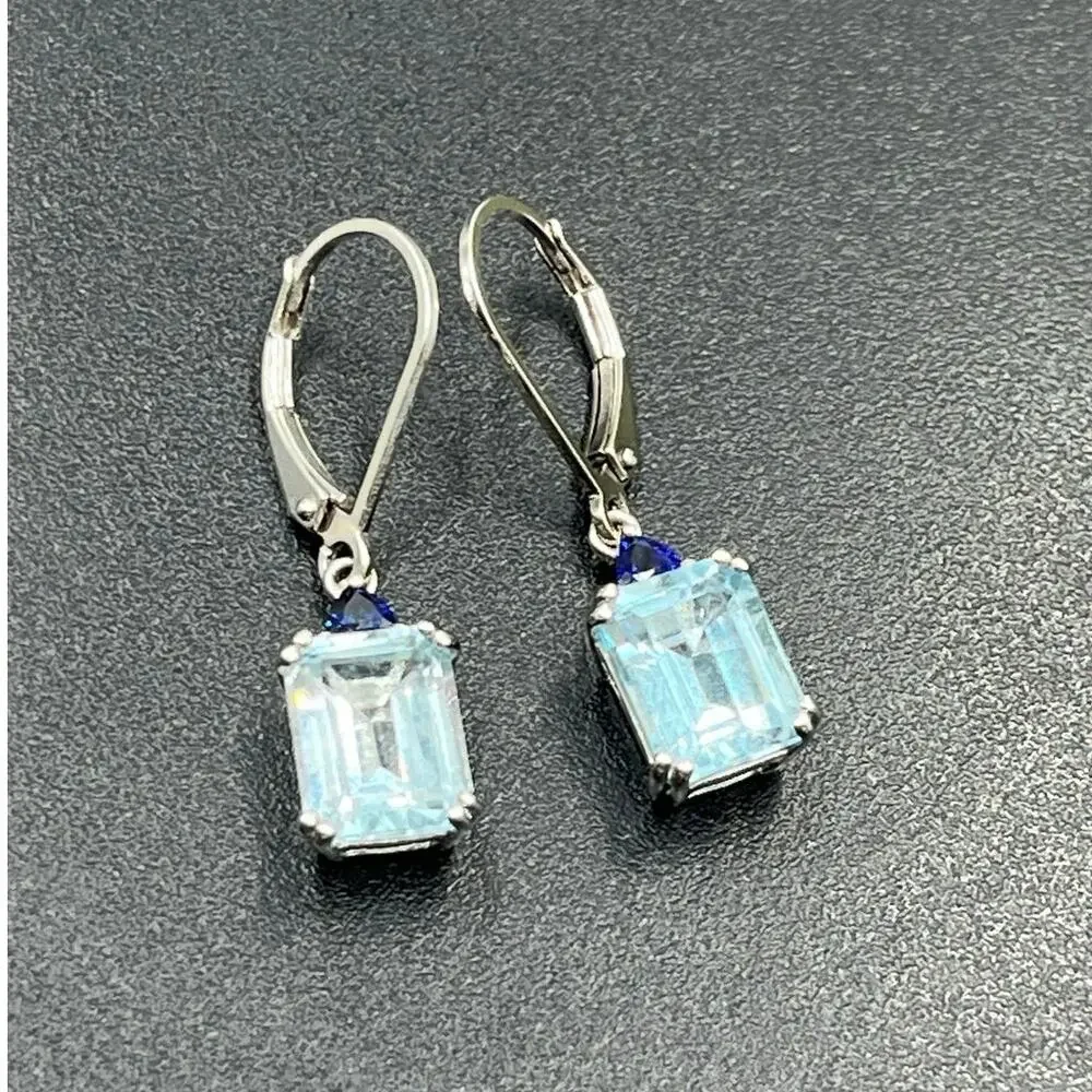 BBJ 925 Sterling Silver Emerald‎ Cut Blue Topaz Sm Sapphire Lever back Earrings
