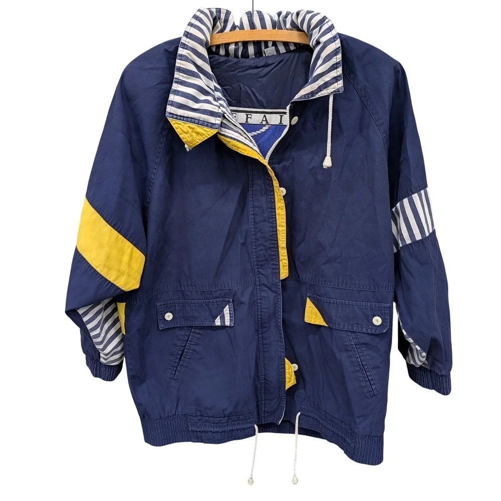 Vintage Men's Braefair Sport Nautical Colorblock Windbreaker‎ Navy Yellow- L