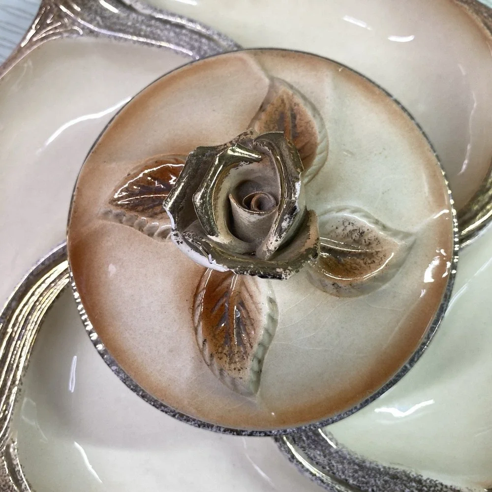 Vintage California Pottery 4 Piece Chip Dip Lazy Susan Gold Rose‎ 13