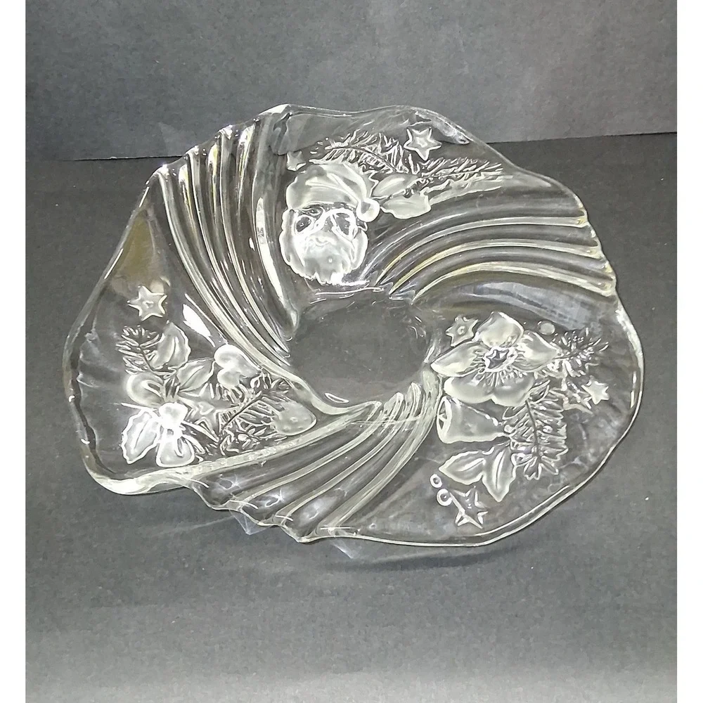 Vintage Mikasa Christmas  Bowl‎ Clear Lead Crystal, Frosted Leaves & Santa