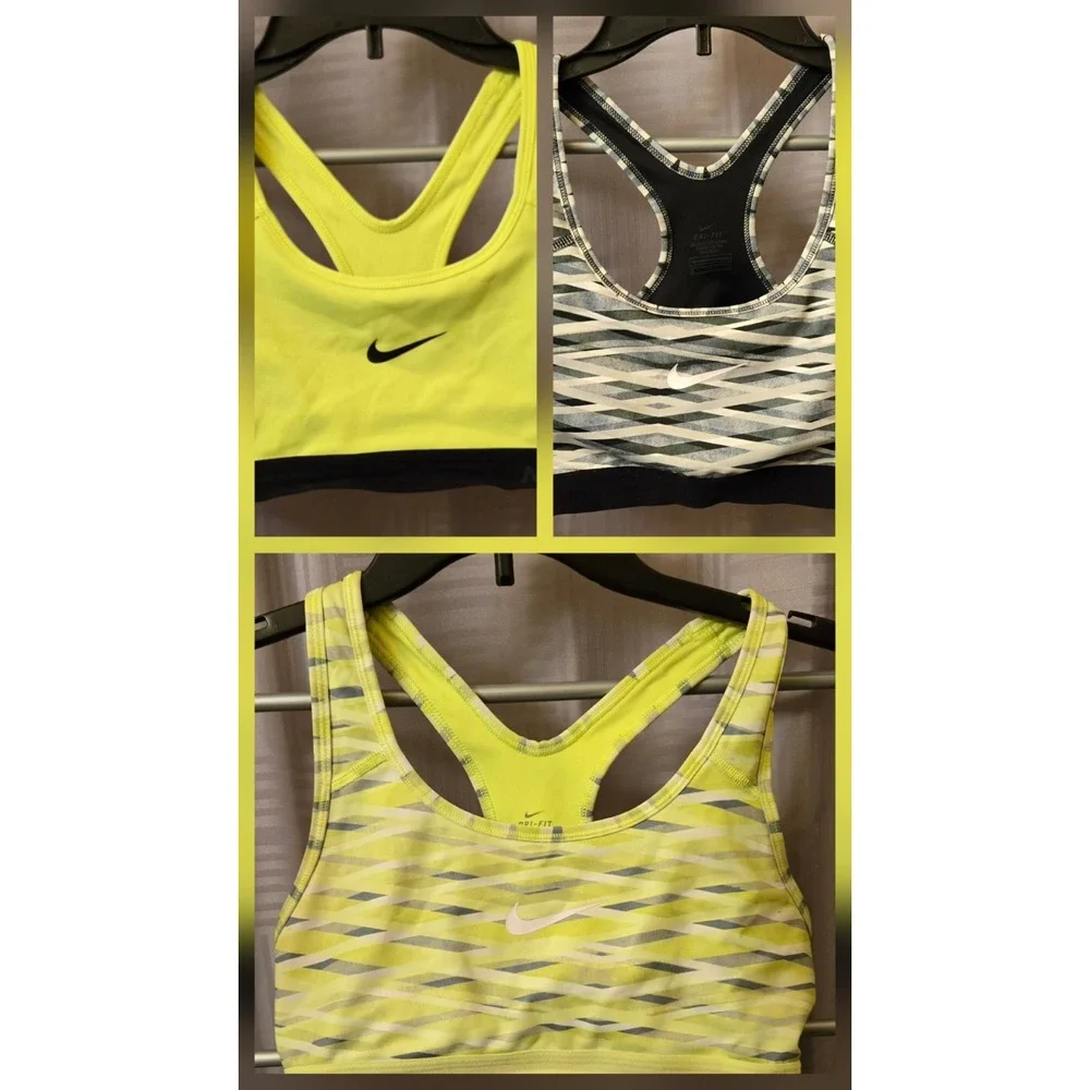 Lot of 3 Nike Dri-Fit Sports Bras -Small Neon Green, Gray Striped, Green Striped