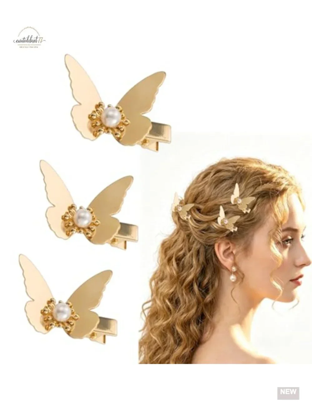 3PCS Gold Butterfly Hair Clips for Women 1.7x1inch Mini Pearl Clip Nonslip Bangs
