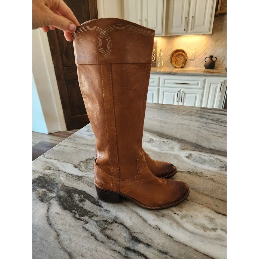 Donald Pliner Tall Leather Riding Boots‎ Western Cognac Brown Block Women's 6.5