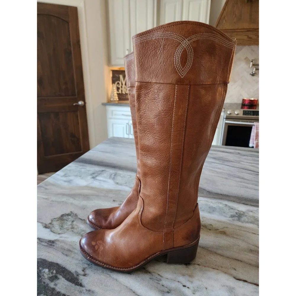 Donald Pliner Tall Leather Riding Boots‎ Western Cognac Brown Block Women's 6.5