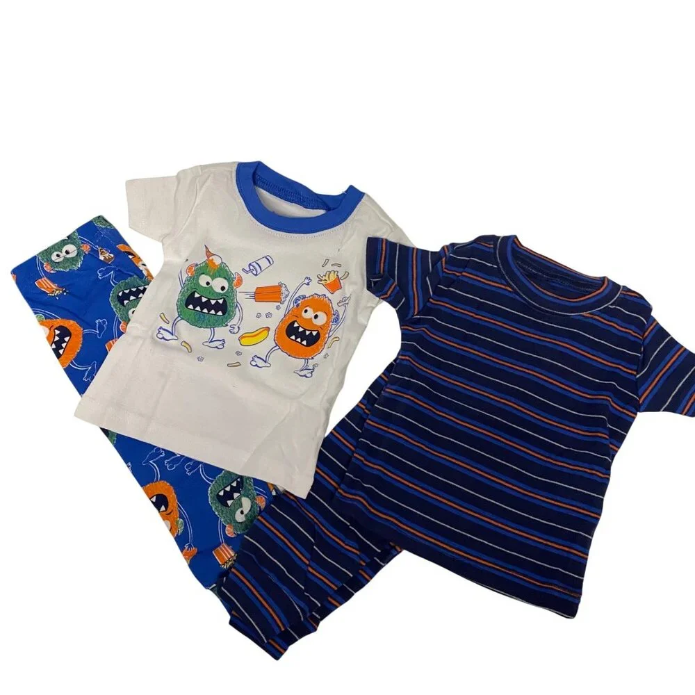 Toddler Boys 2-Pack Monster & Striped Pajama Set‎ Classic Blue 3-6 Months NWT