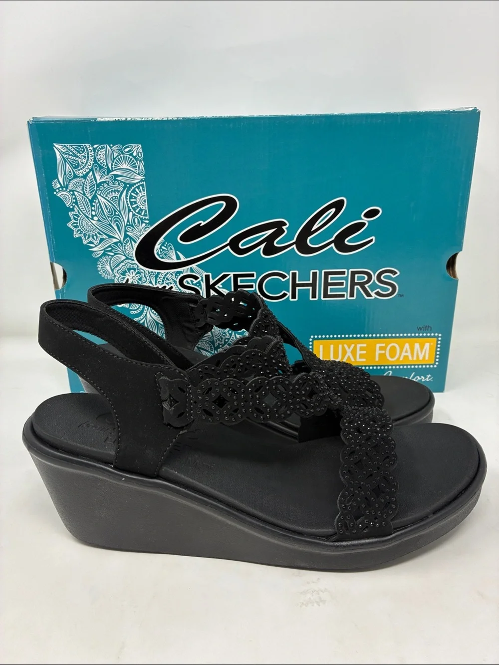 Skechers Black Cali Wedge Sandals with Decorative Laser-Cut Straps