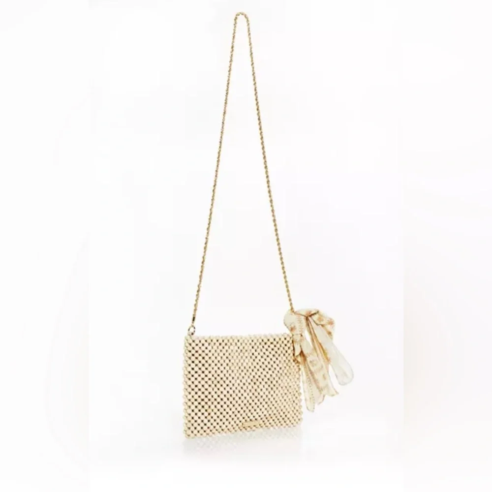 Loeffler Randall Beaded Clutch in Beige with Gold Chain