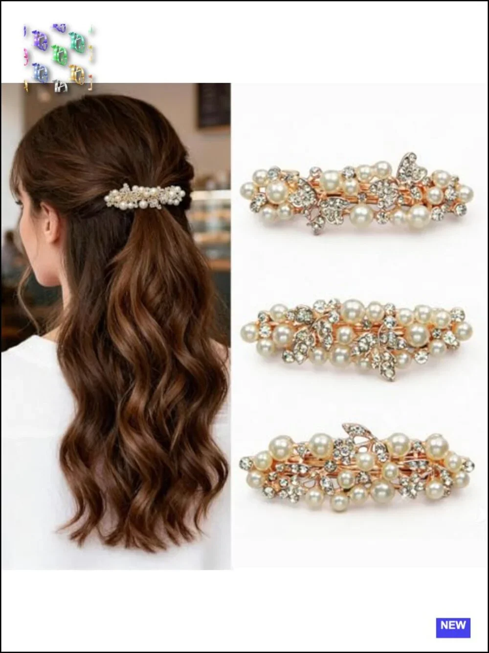 French Rhinestone Faux Pearl Barrettes Set of 3 Spring Clips for Women