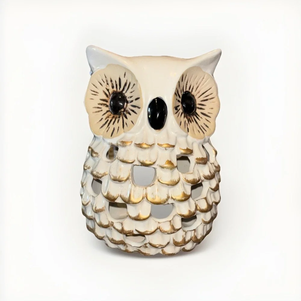 Ceramic Owl Candle Holder White Goldtone 6.75