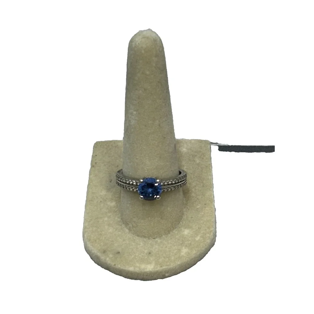 DK 925 Sterling Silver Engagement Blue Sapphire? CZ & Pave Accents Ring‎ Size 8