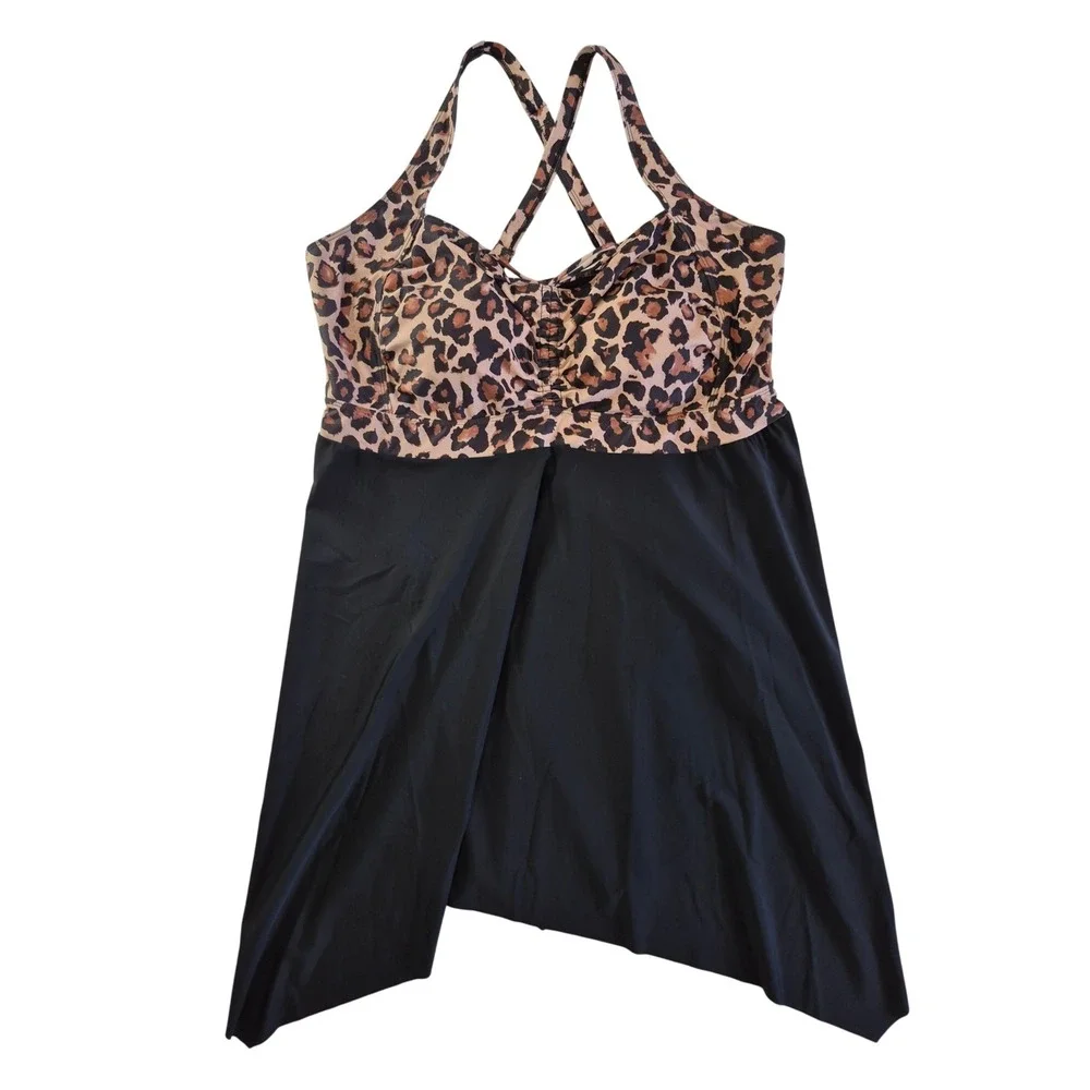 Daci‎ Leopard Print Asymmetrical Swim Dress Top Black Tan Animal Print 24W