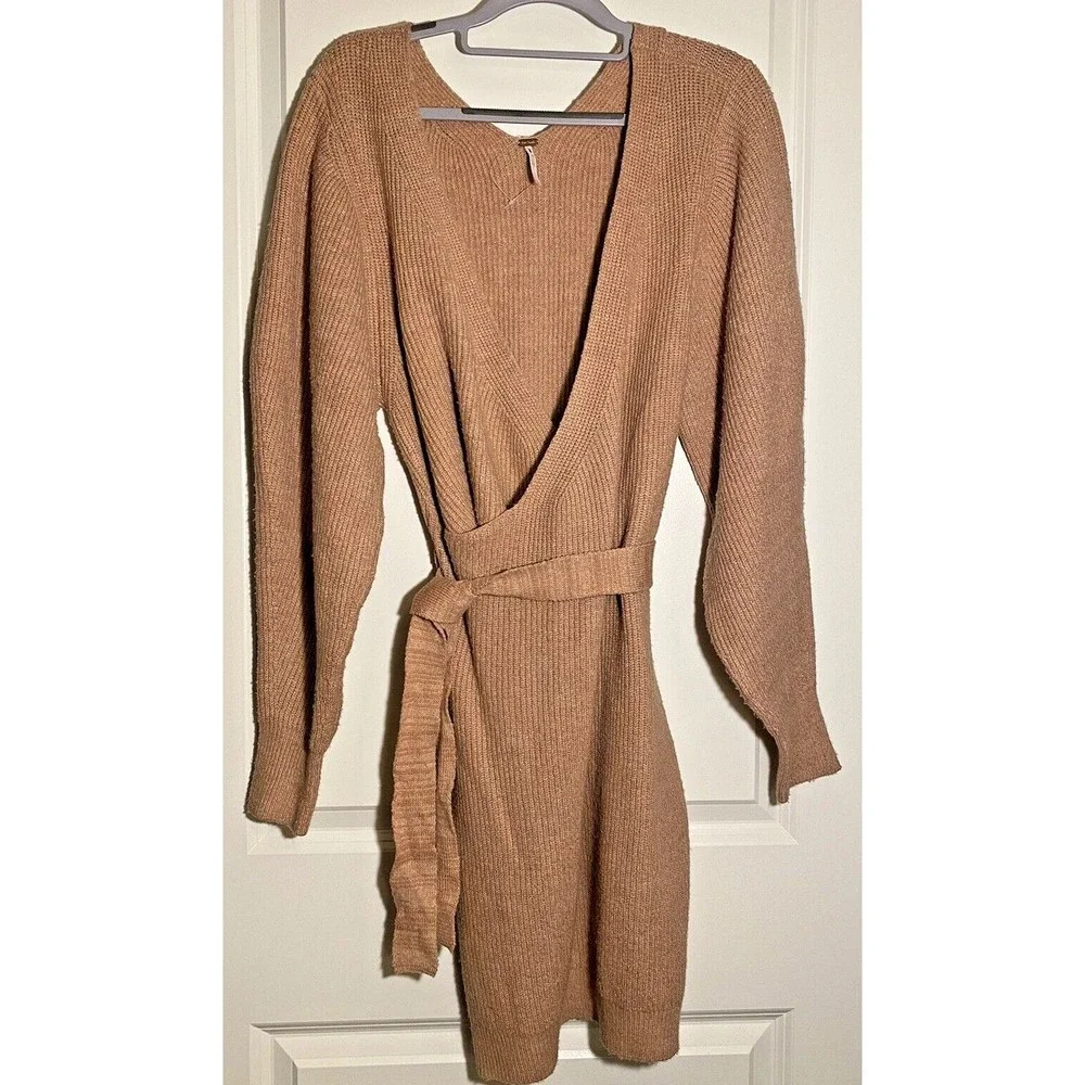 Free‎ People Sienna Pink Wrap Knit Belted Sweater Dress Large NWOT
