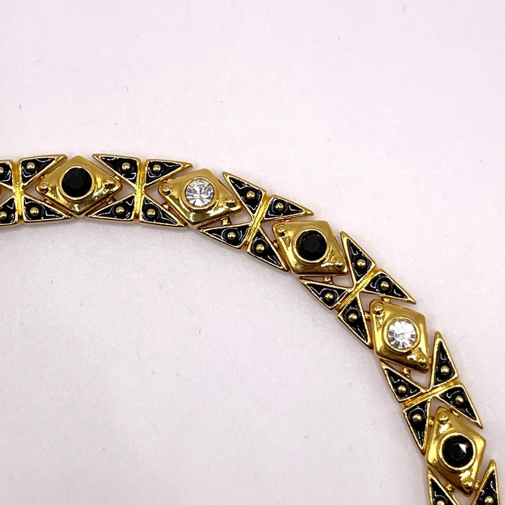Joan Rivers Signed Vintage Gold Tone Crystal Enamel Link Bracelet 7 1/4