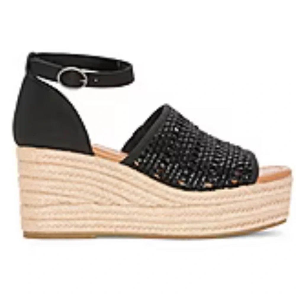 Boho Black Woven Espadrille Wedge Coastal Sandals Platform Ankle Strap Womens 11