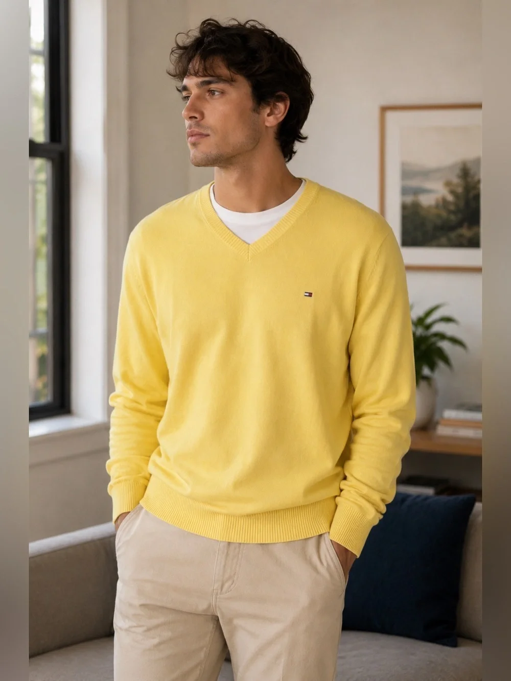 Tommy Hilfiger Men's V-Neck Sweater in Bright Yellow Size XL Classic Preppy
