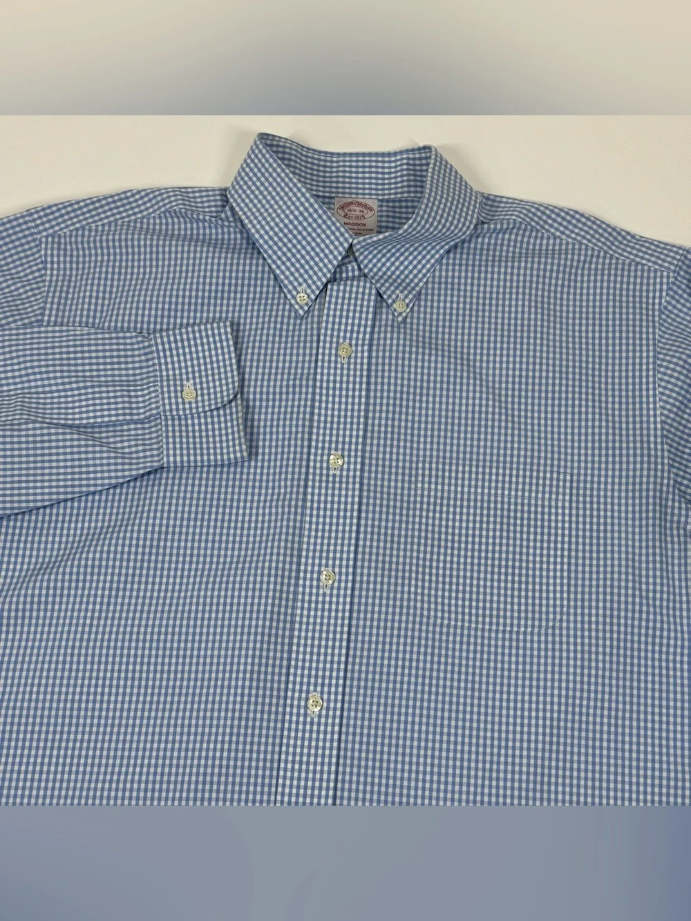 Brooks Brothers Shirt Mens 16.5/36 Madison Blue Gingham Non Iron Button Down