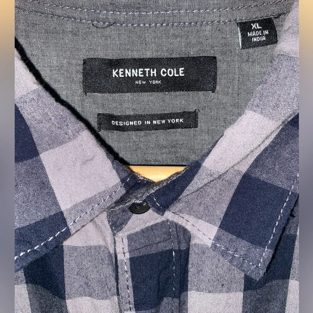 Kenneth Cole Navy Blue Gray Buffalo Check Button Down Long Sleeve Shirt Men’s XL