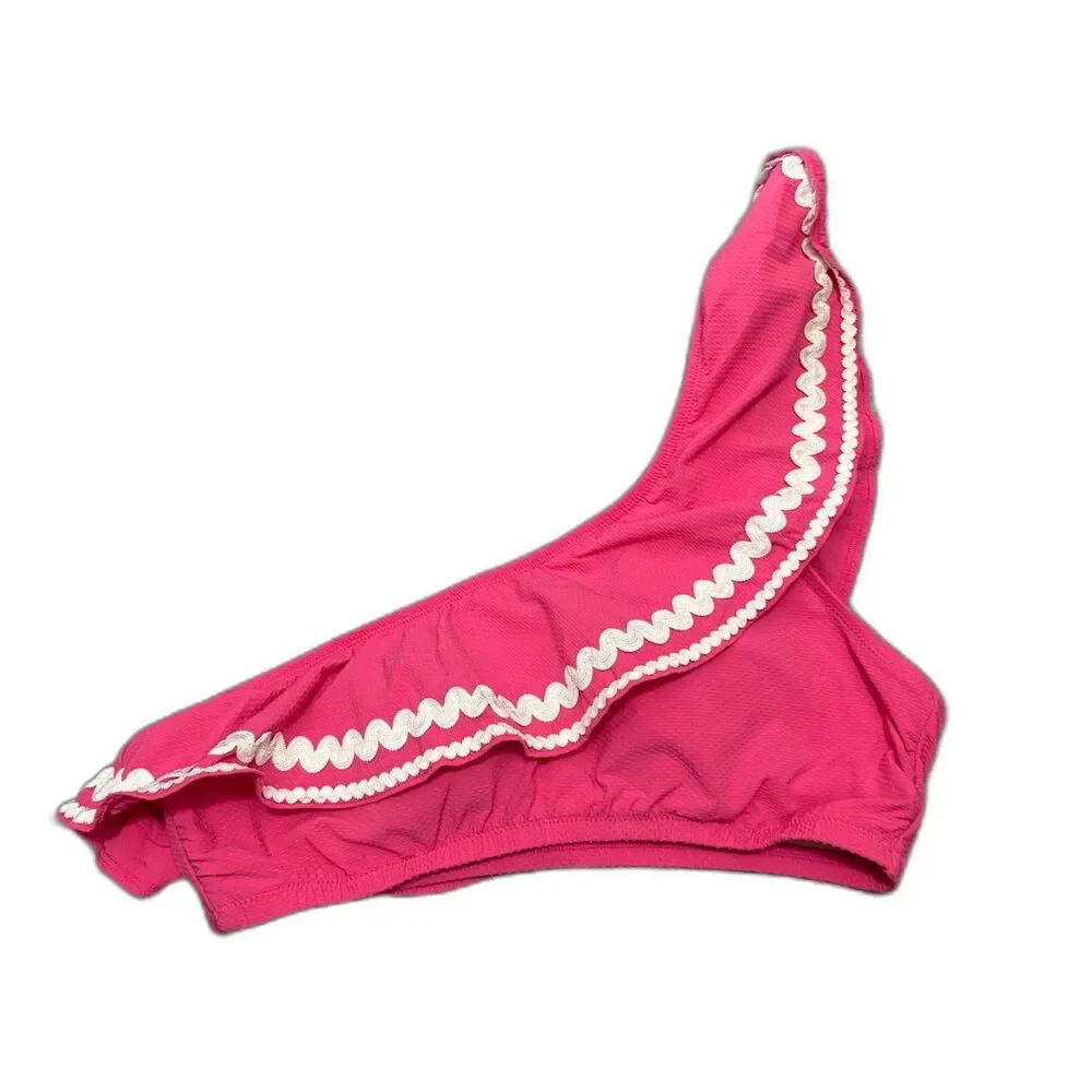 J. Crew‎ Hot Pink One Shoulder Bikini Top Rickrack Trim Ruffle Summer Size Small