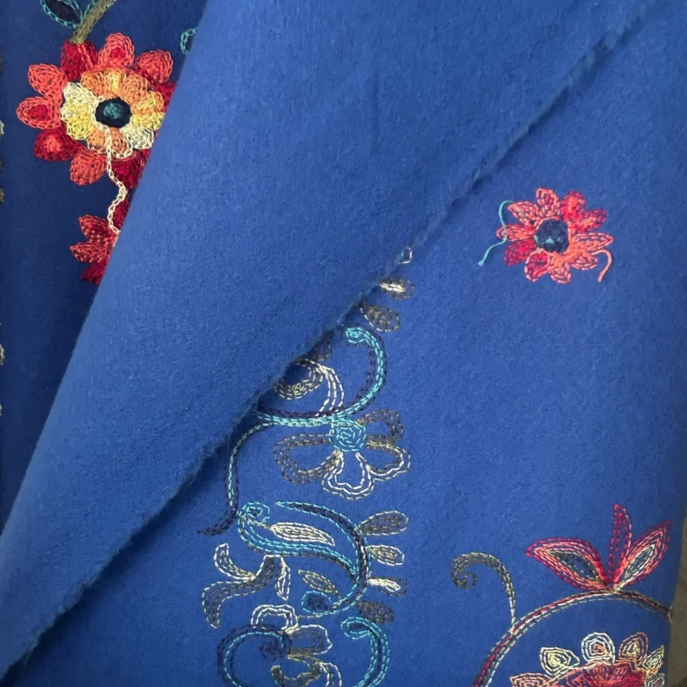 Jessica McClintock Otomi Embroidery Scarf Blue Fabric with Floral Paisley Design