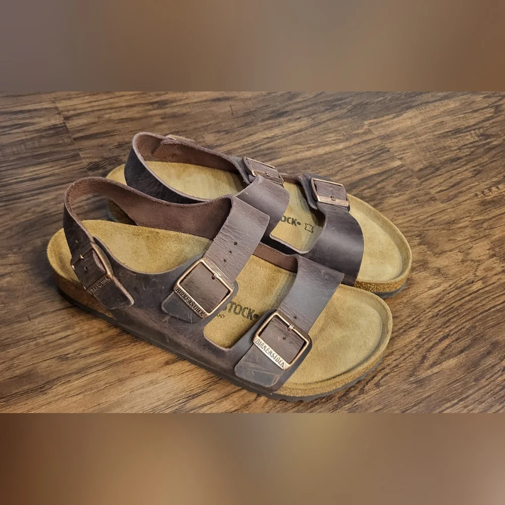 Birkenstock Milano Habana Brown Oiled Three Buckle Sandals Size 42
