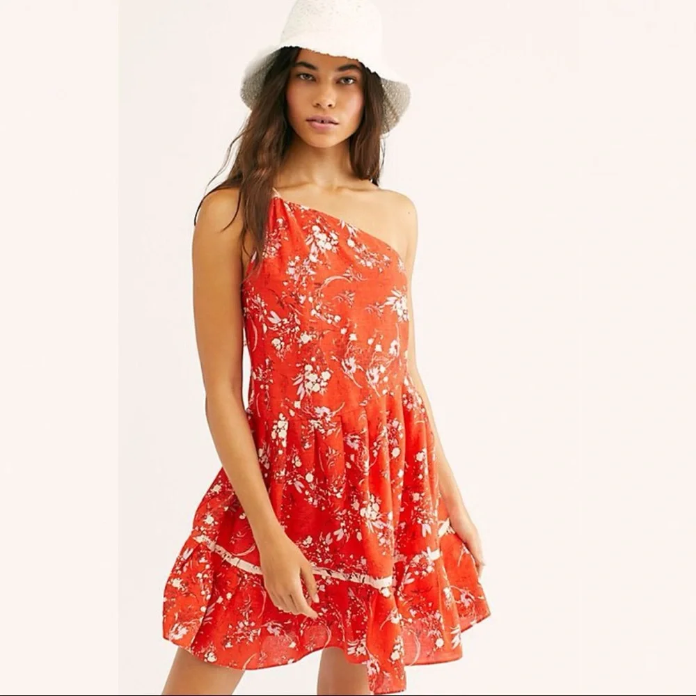 Free People One Shoulder Linen Floral Mini Dress Red Boho