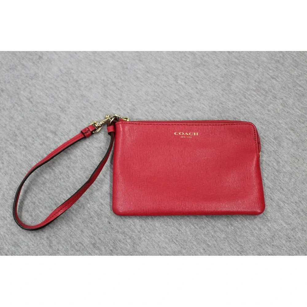 Coach Wristlet Womens Small Red Crossgrain Leather Zip Pouch Card Slots