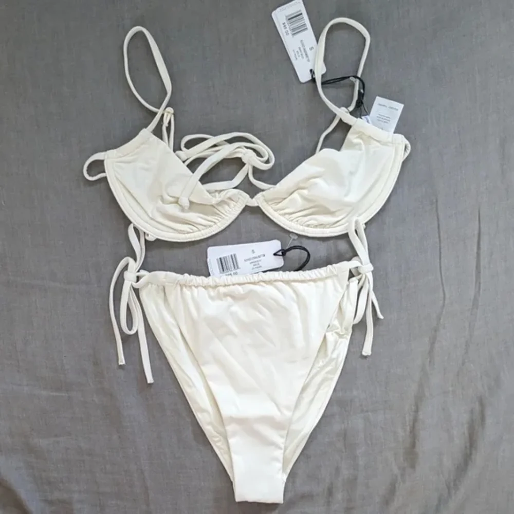 WeWoreWhat Ruched Underwire Bikini Top Side Tie High Leg Bottom Pearl White