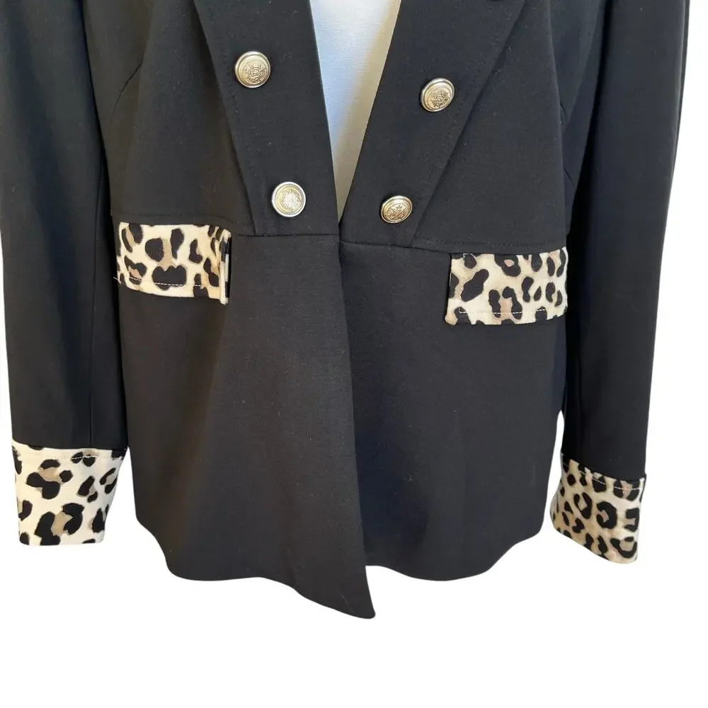 Chico's Jacket Women's 2P Large Petite Black Leopard Trim Military Open Lined